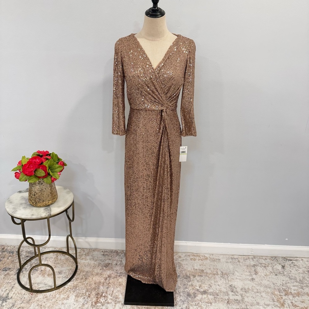 Jeanne Alexander Mocha Sequins Embellished Long Sleeves Twisted Front Maxi Gown